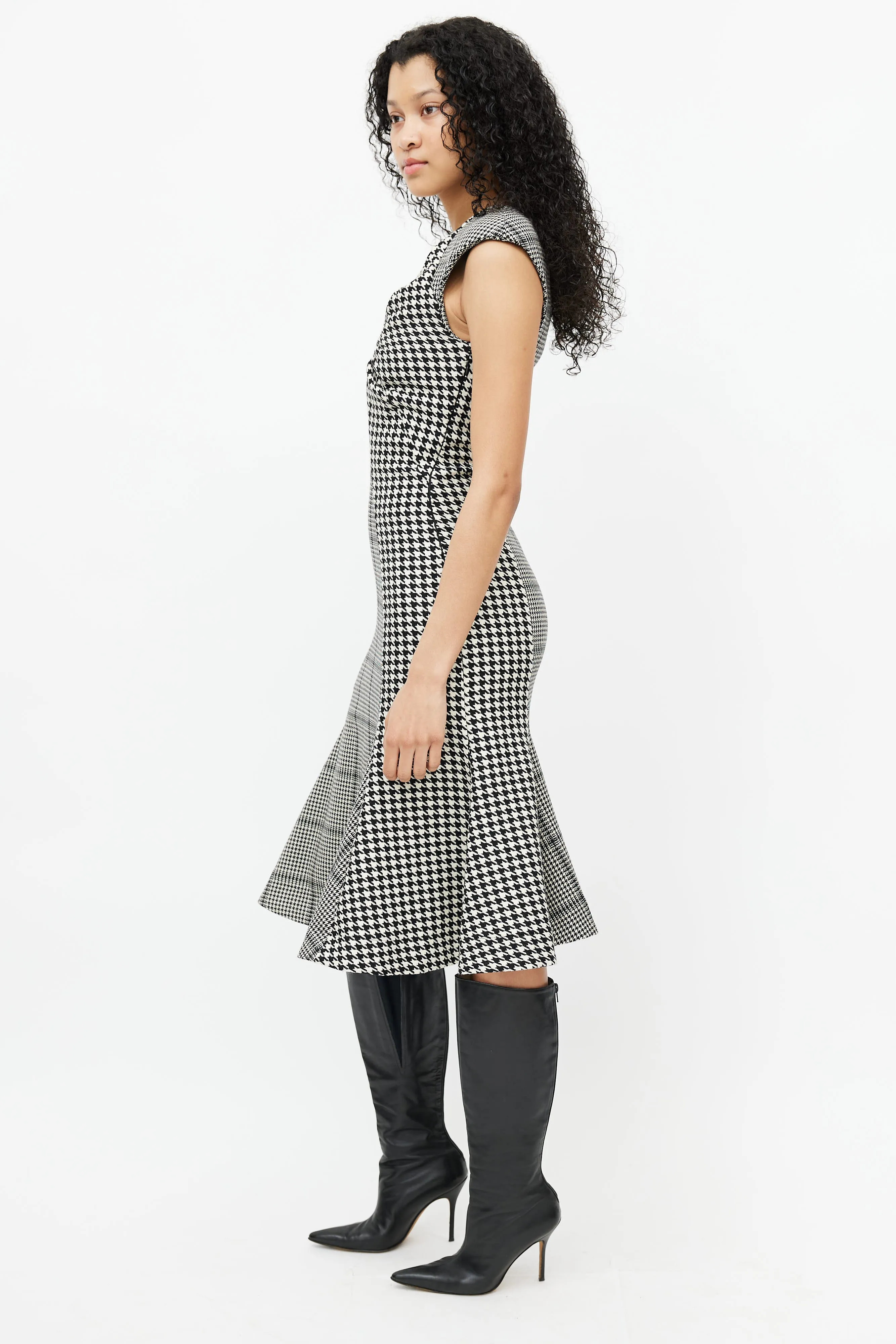 Black & White Wool Houndstooth Tailored Flare Dress