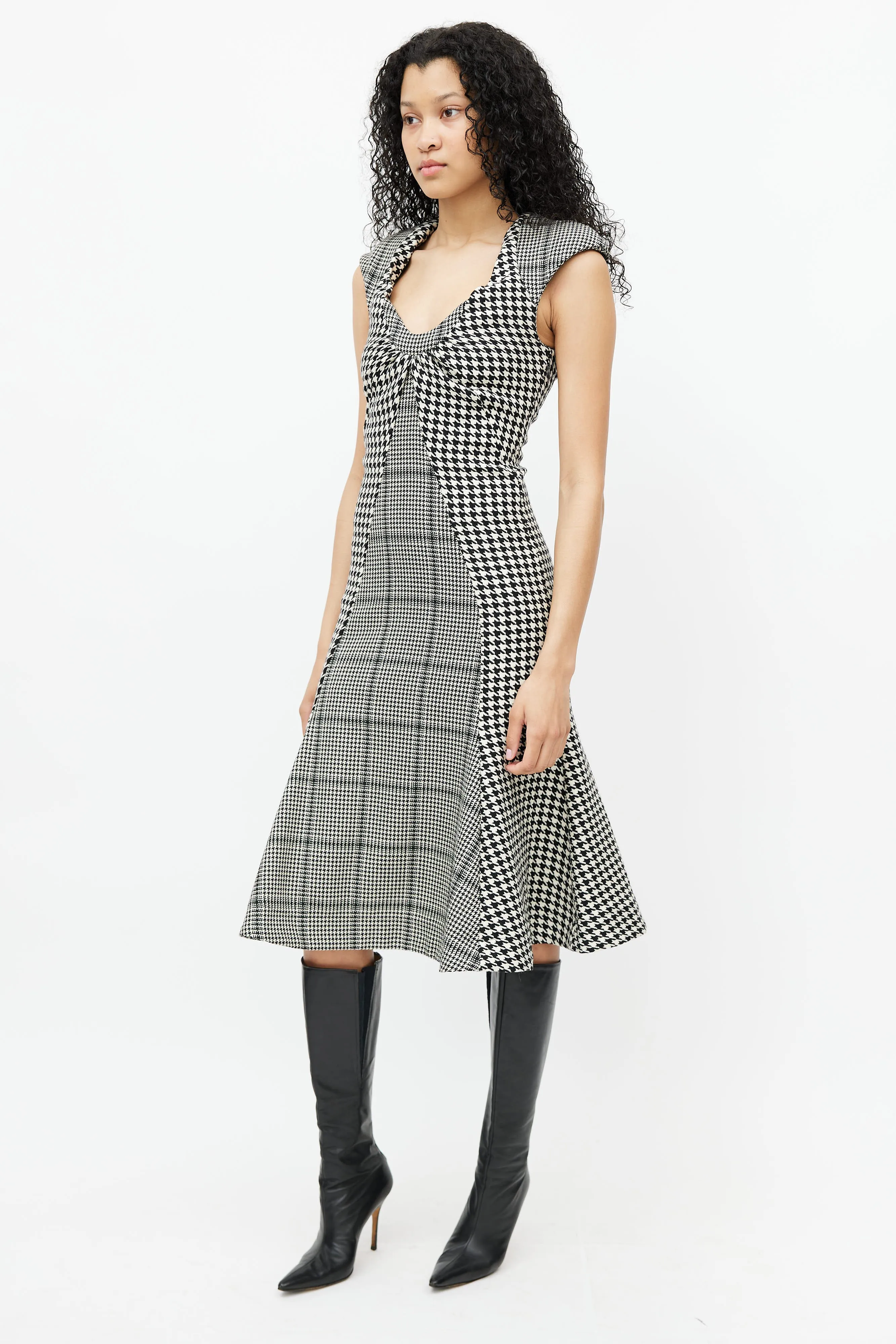 Black & White Wool Houndstooth Tailored Flare Dress