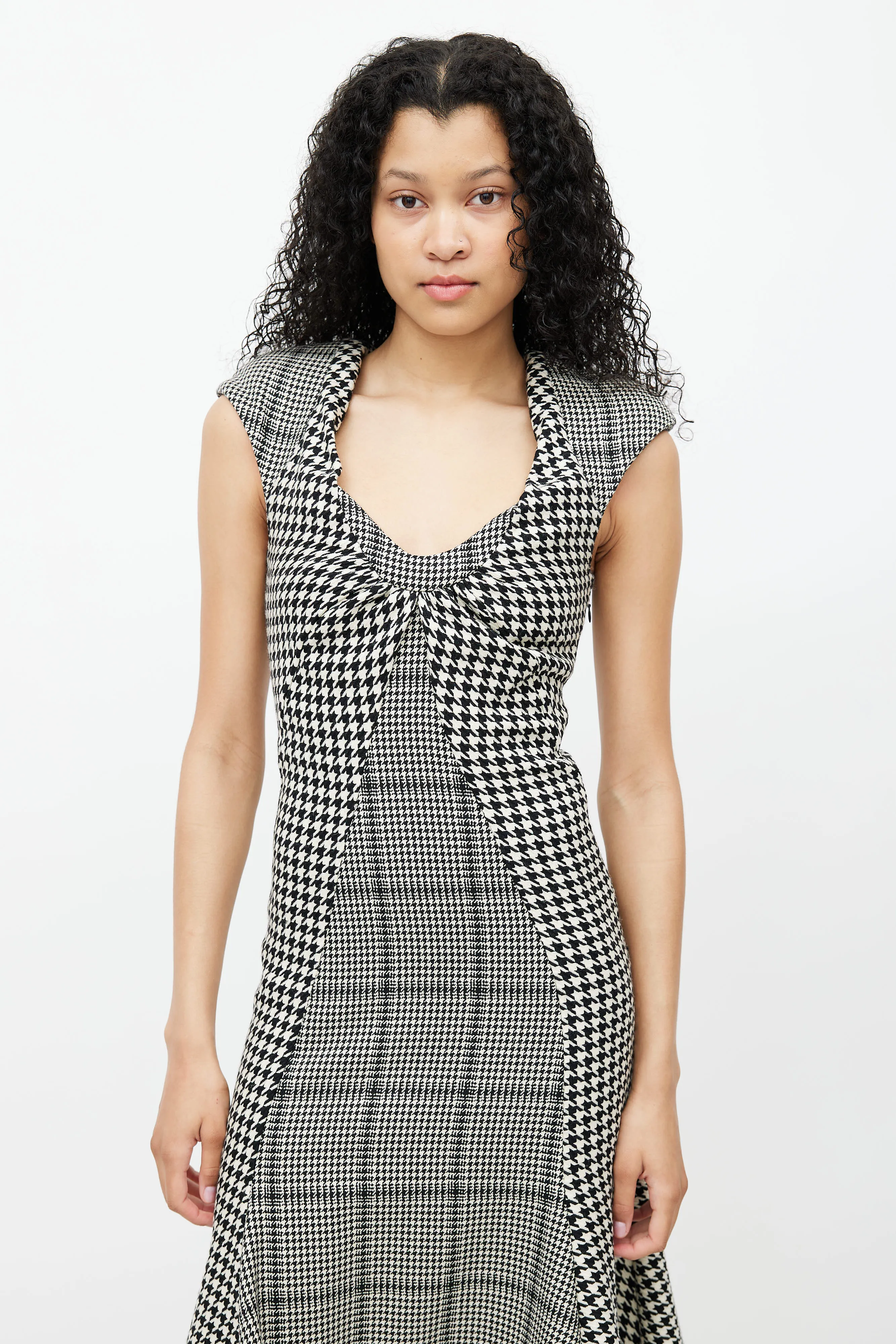 Black & White Wool Houndstooth Tailored Flare Dress