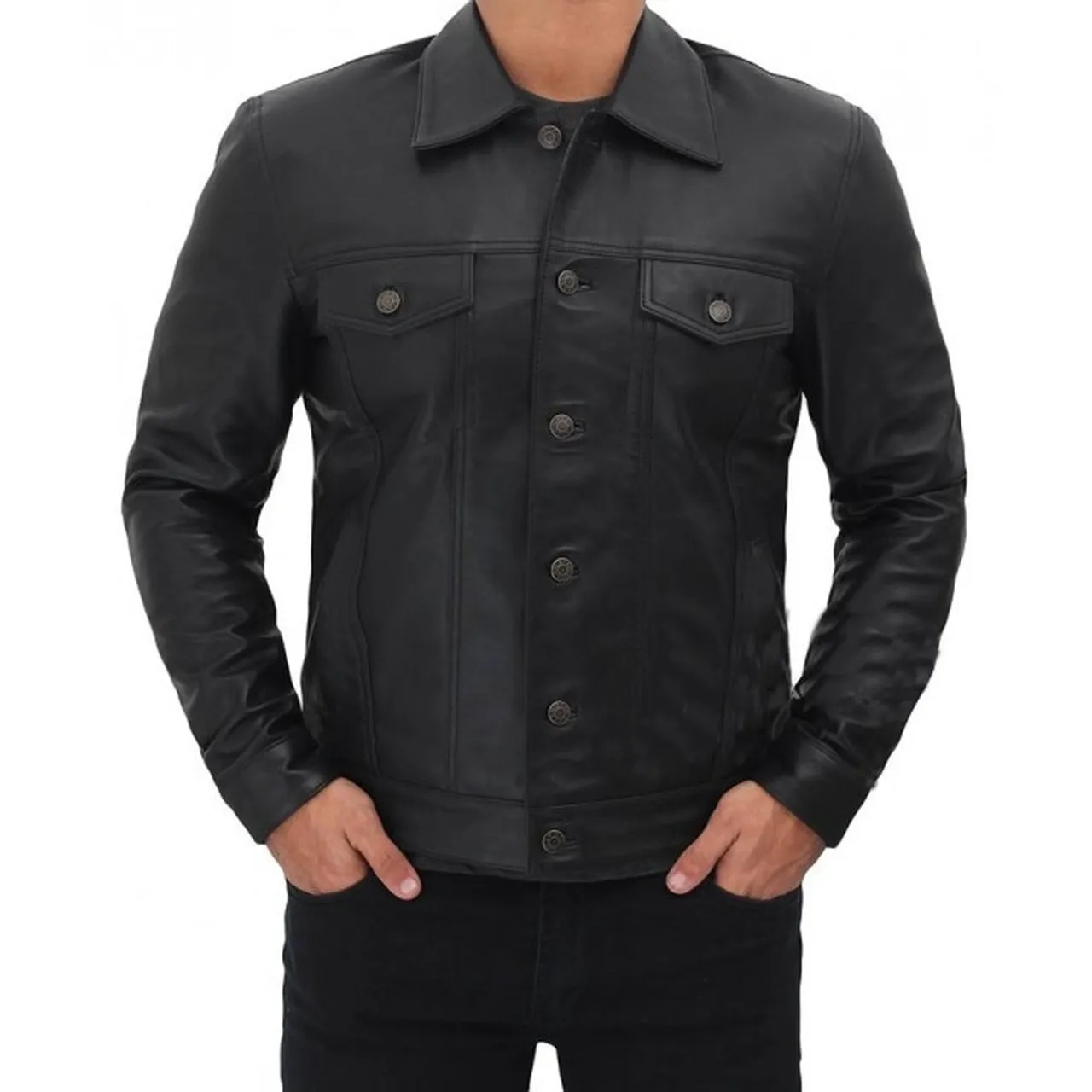 Black Genuine Leather Trucker Jacket