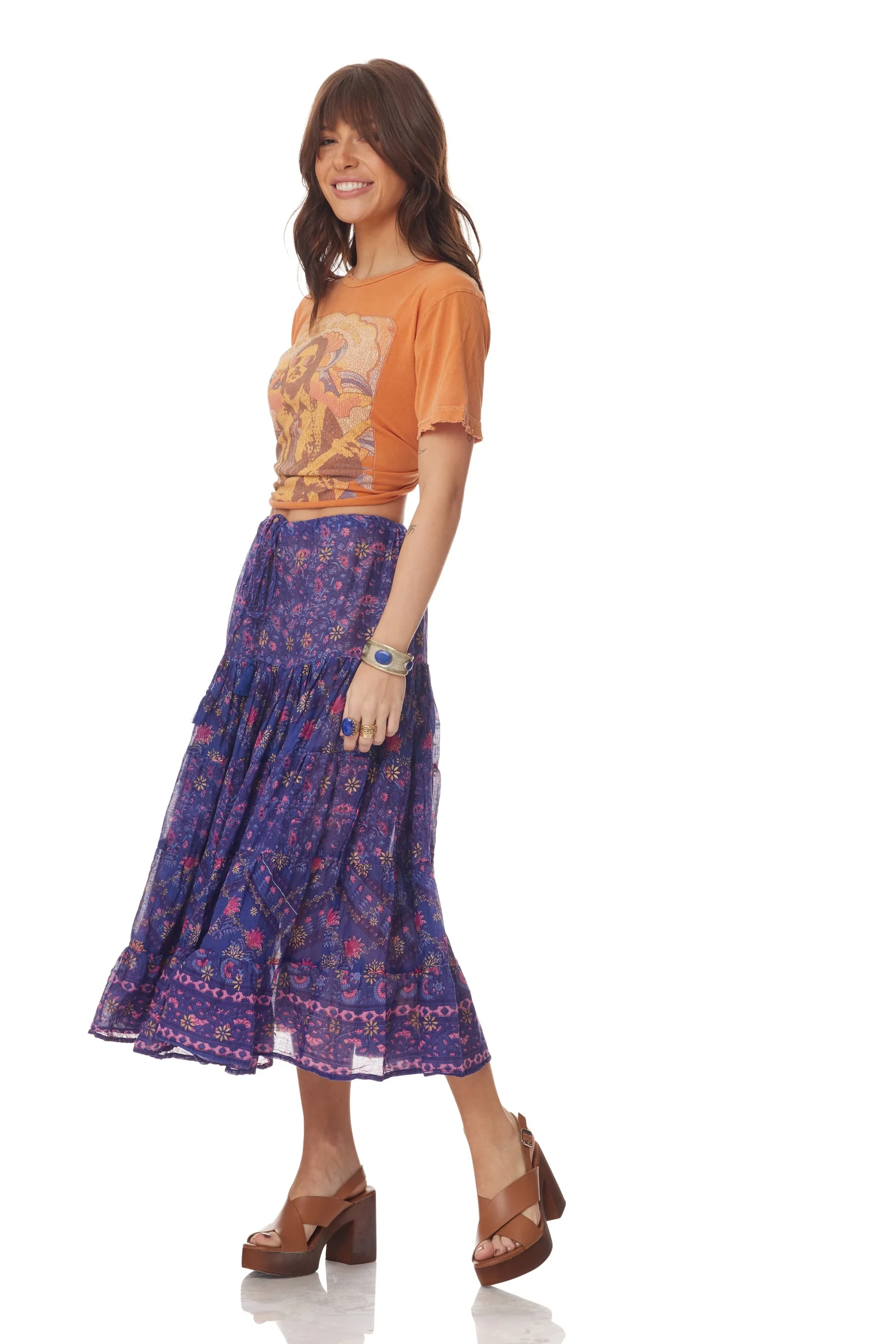 Rosa Printed Midi Skirt Indigo