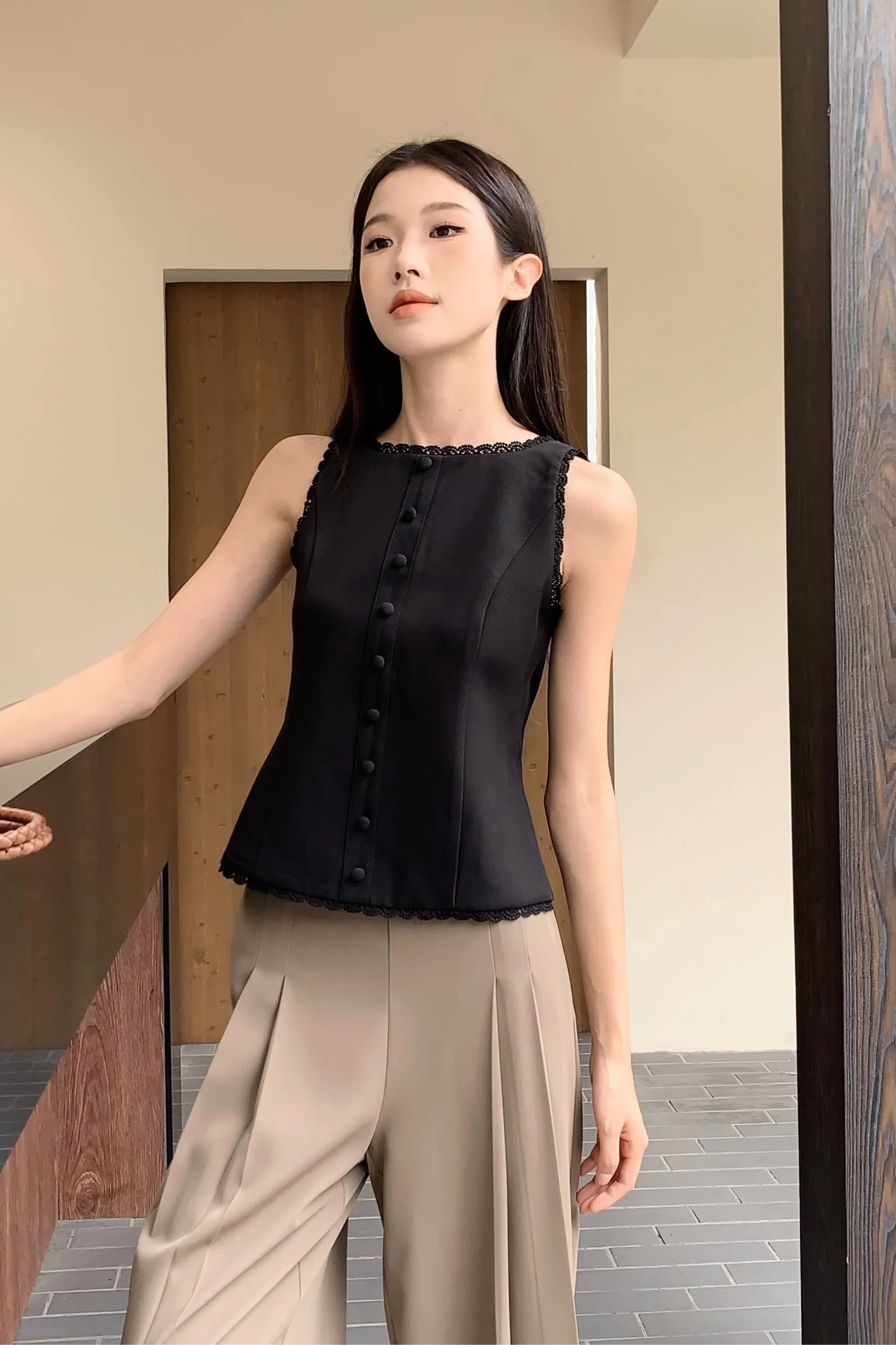 Saylor Lace Trim Tailored Top Black