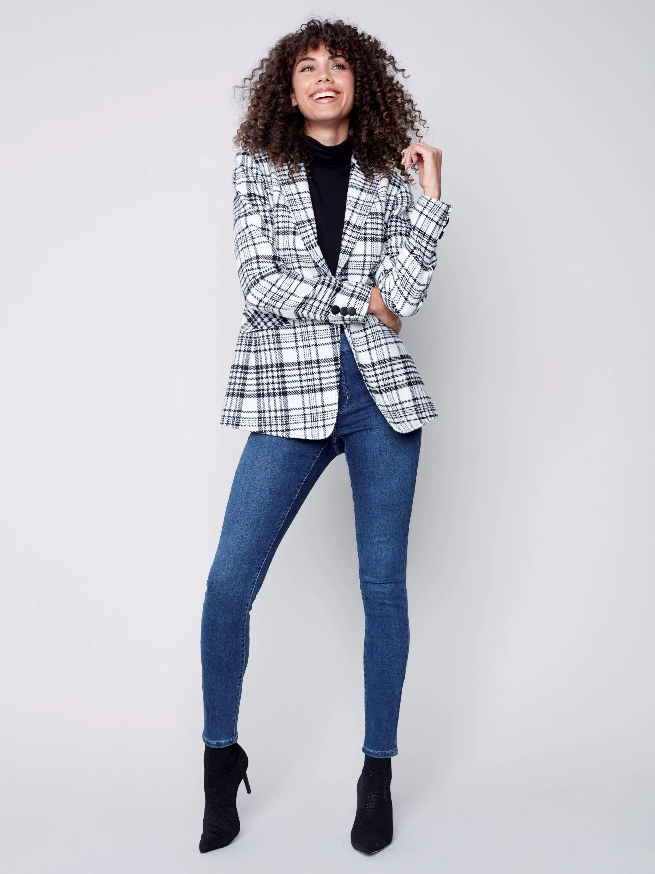 Tailored Plaid Blazer - Black & Cream