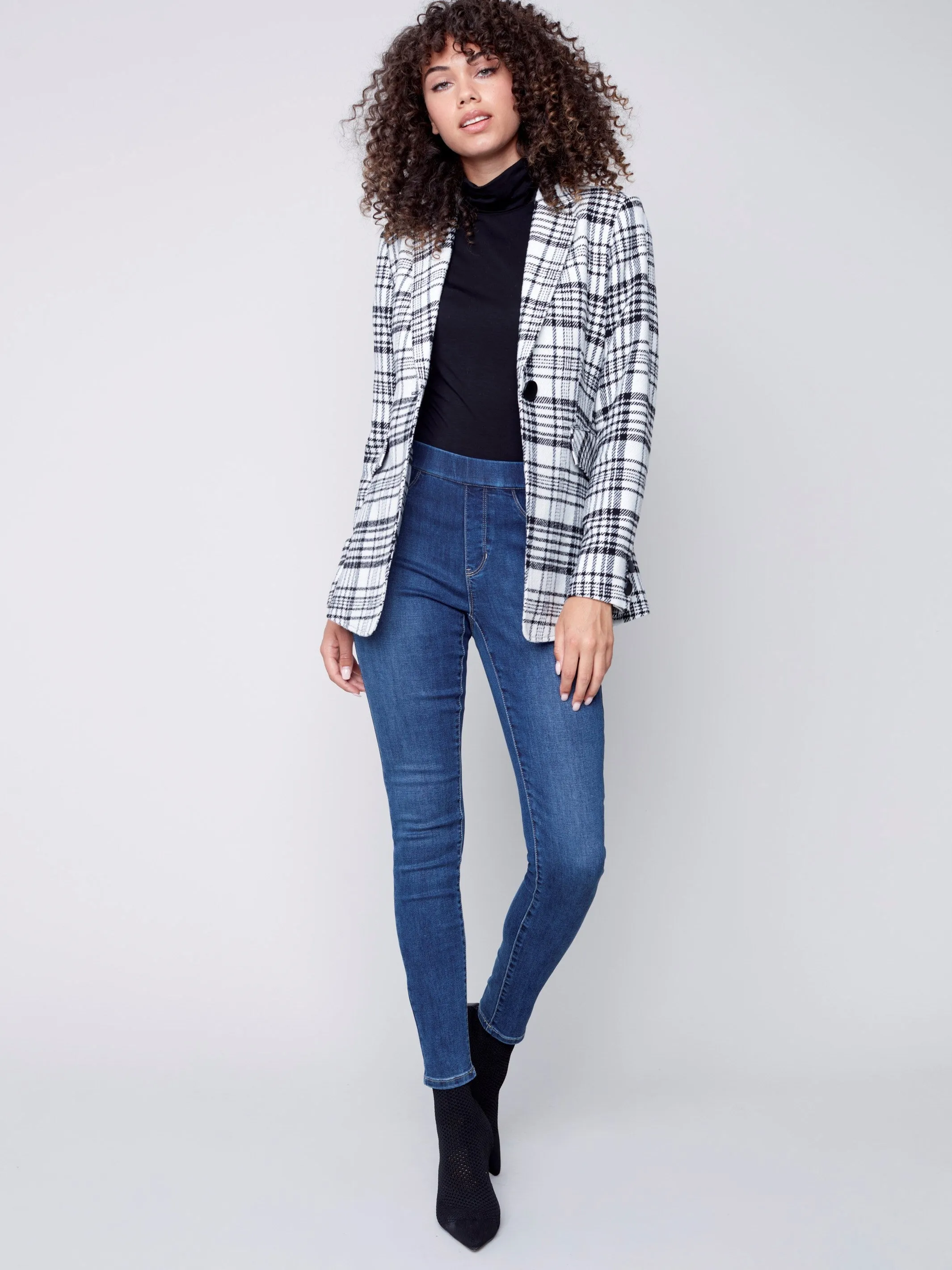 Tailored Plaid Blazer - Black & Cream